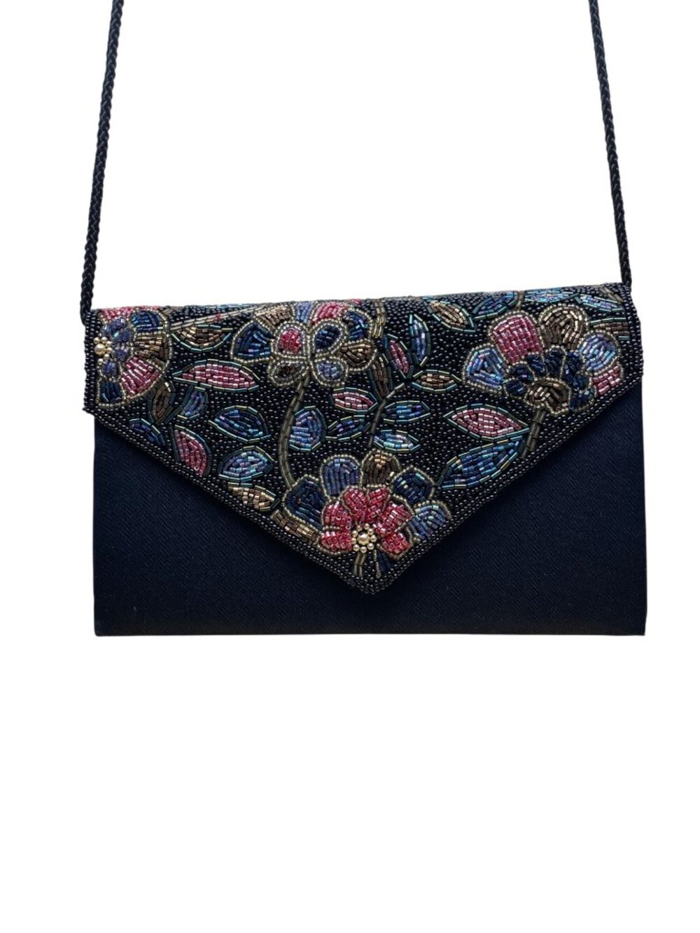 Women’s Black Beaded Floral Envelope Clutch Purse With Shoulder Strap